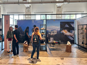 NAT'S off-road outdoor hiking shoes exhibition booth with customers visiting functional footwear display